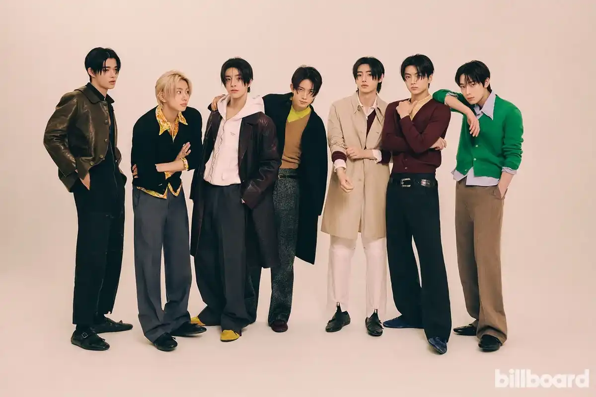 From left: NI-KI, JUNGWON, JAKE, HEESEUNG, SUNGHOON, JAY, and SUNOO of ENHYPEN.