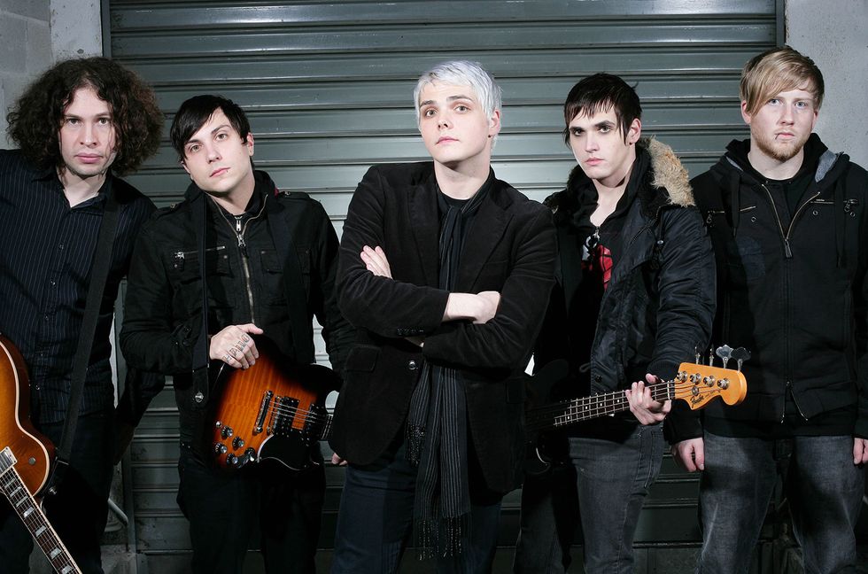 From left: Ray Toro, Frank Iero,Gerard Way, Mikey Way, and Bob Bryar of My Chemical Romance backstage in Milan on November 21, 2006.