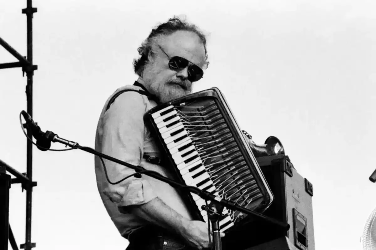 Garth Hudson, of the group the Band, plays accordion as he performs onstage during the summer concert series at Arrowhead Ranch, Parksville, New York, August 4, 1991.