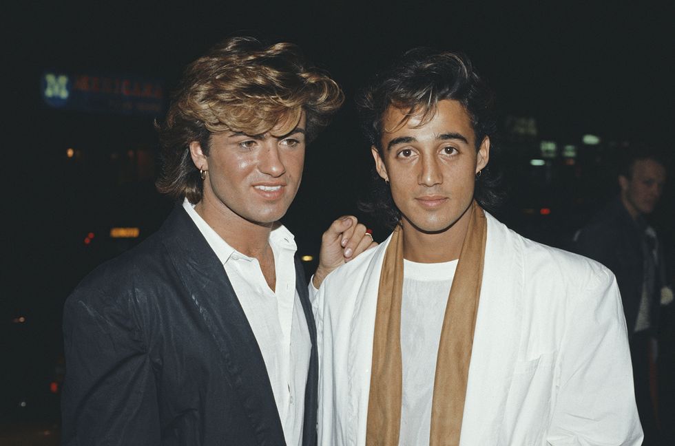 George Michael and Andrew Ridgeley of Wham!, at the premiere of the film 'Dune' in London, England in 1984.