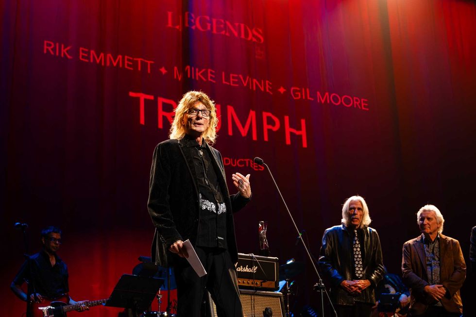 Gil Moore, Mike Levine, Rik Emmett of Triumph at Canadian Songwriters Hall of Fame Legends in Toronto on Oct. 17, 2025.