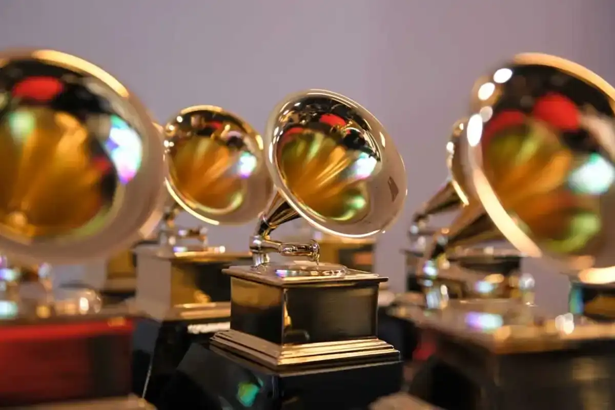 Grammy trophies sit in the press room during the 64th Annual GRAMMY Awards at MGM Grand Garden Arena on April 03, 2022 in Las Vegas.