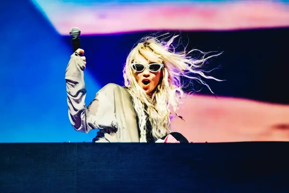 Grimes performs at the Sahara Stage at the 2024 Coachella Valley Music And Arts Festival at Empire Polo Club on April 13, 2024 in Indio, California.