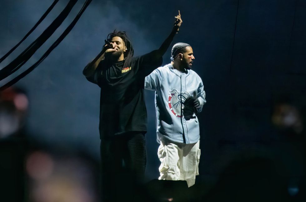 J. Cole and Drake perform during the Dreamville Festival at Dorothea Dix Park on April 02, 2023 in Raleigh, North Carolina.