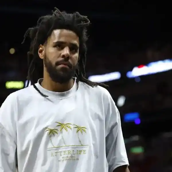 J. Cole is seen in attendance during Game Three of the 2023 NBA Finals between the Denver Nuggets and the Miami Heat at Kaseya Center on June 7, 2023, in Miami.