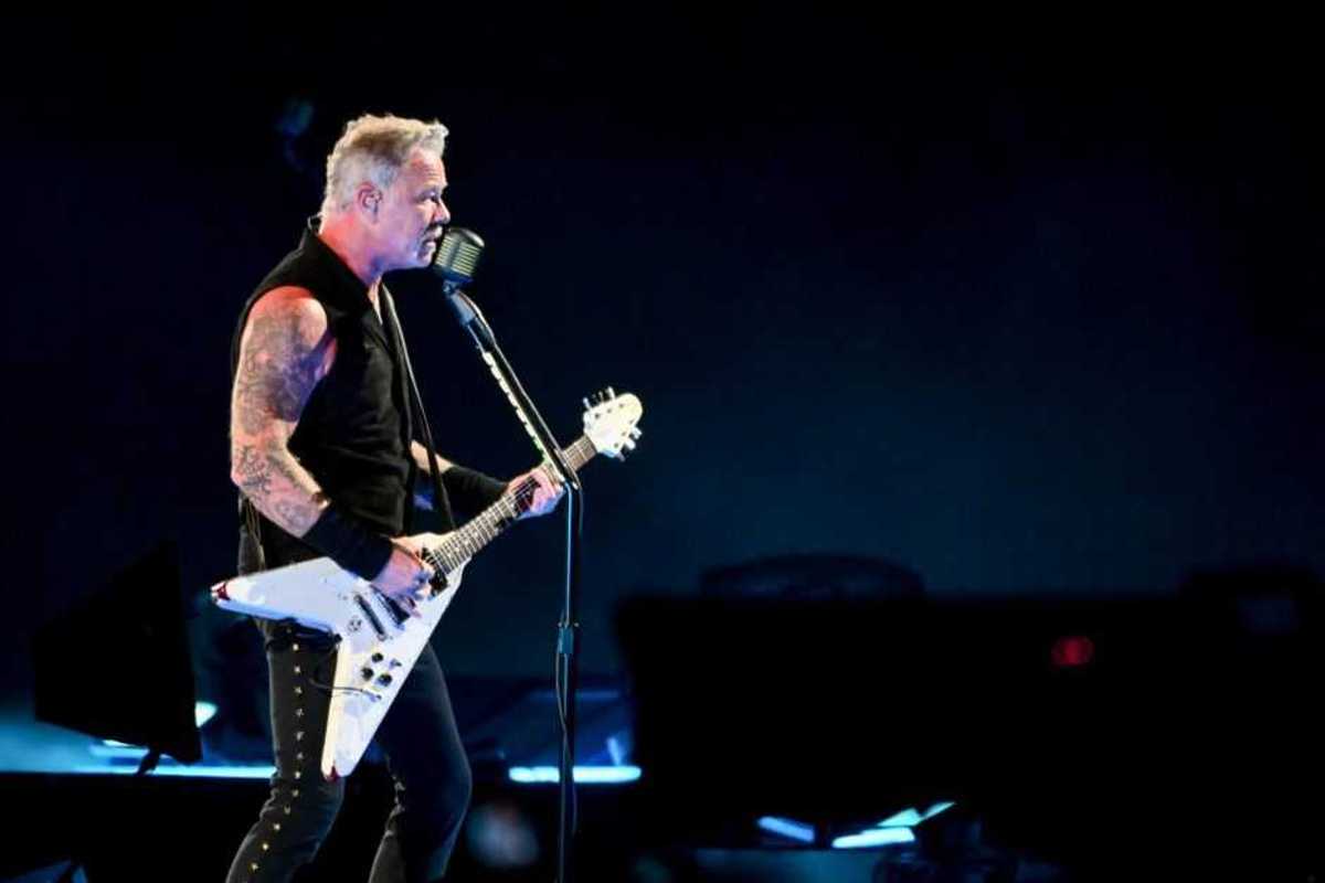 James Hetfield of Metallica performs onstage at the Metallica - M72 World Tour held at SoFi Stadium on August 25, 2023 in Los Angeles, California