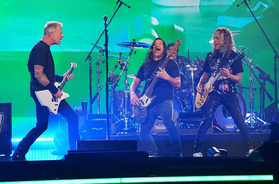 James Hetfield, Robert Trujillo, Lars Ulrich, and Kirk Hammett of Metallica perform onstage as Metallica Presents: The Helping Hands Concert (Paramount+) at Microsoft Theater on December 16, 2022 in Los Angeles, California.