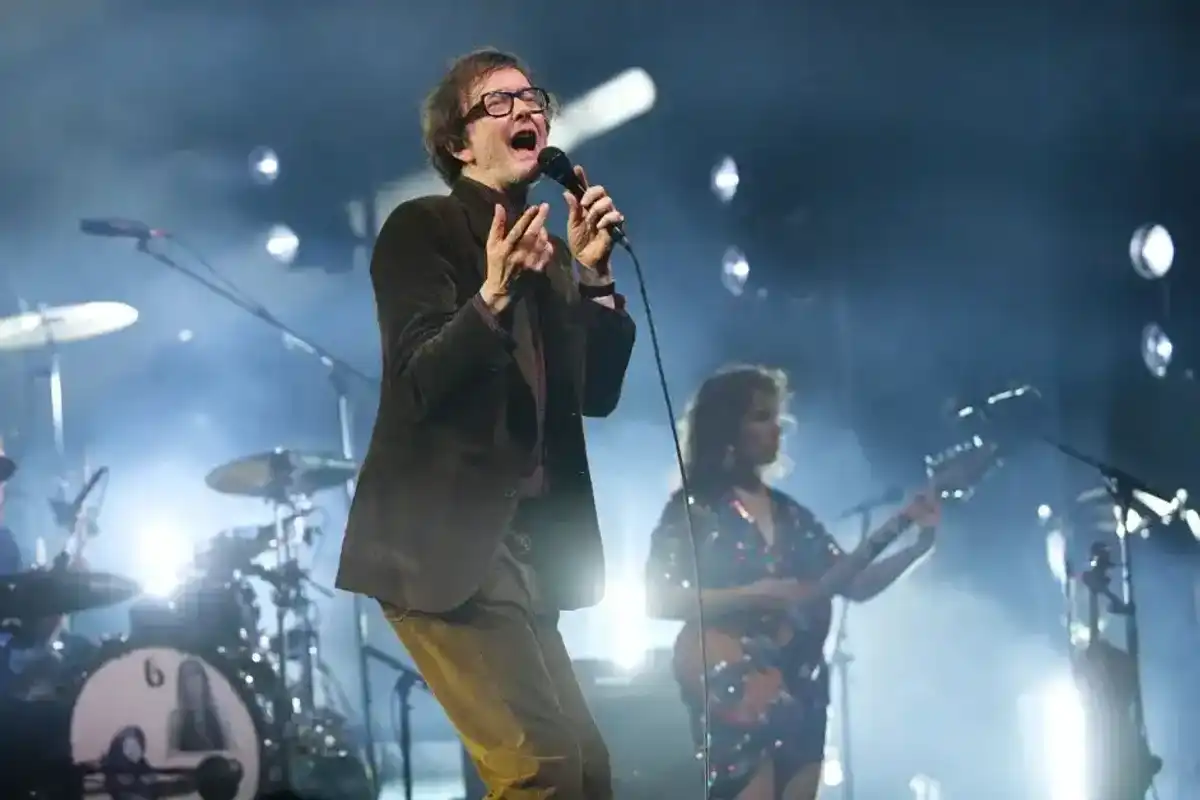 Jarvis Cocker of Pulp performs during the You Deserve More tour, at The O2 Arena on June 13, 2025 in London.