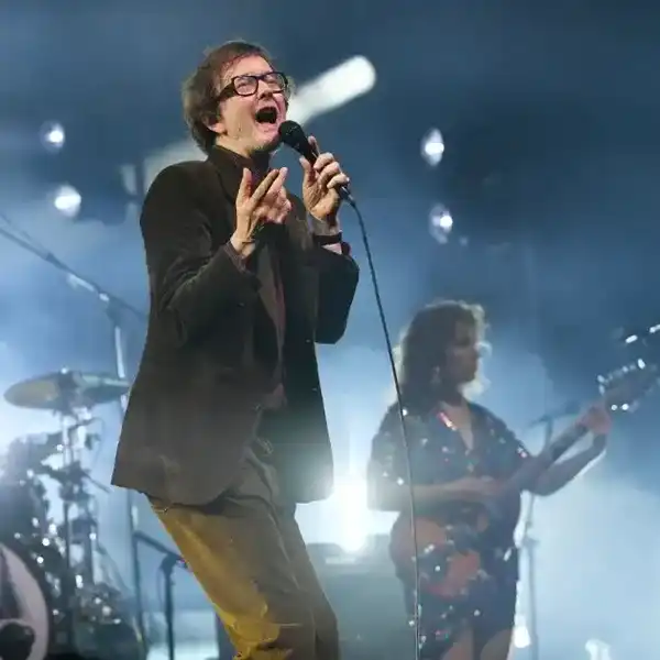 Jarvis Cocker of Pulp performs during the You Deserve More tour, at The O2 Arena on June 13, 2025 in London.