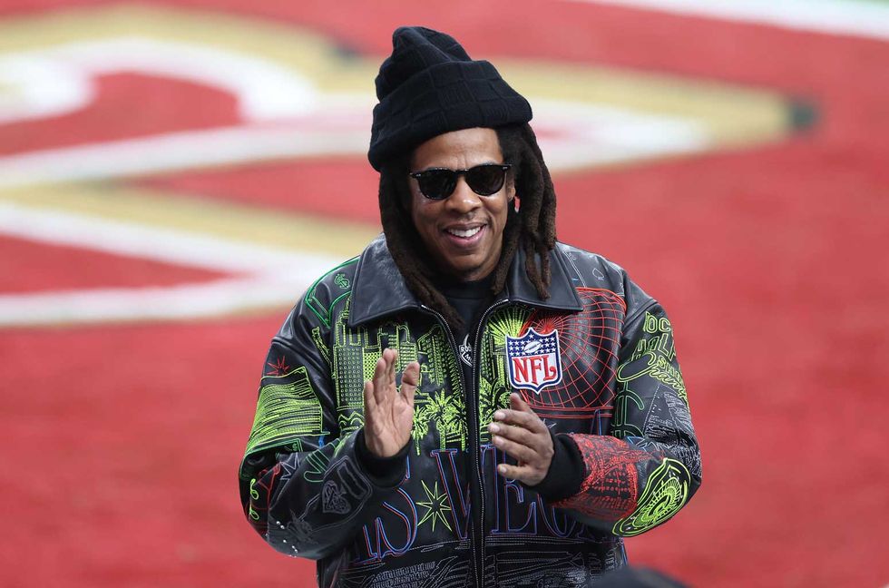 Jay-Z reacts before Super Bowl LVIII between the San Francisco 49ers and Kansas City Chiefs at Allegiant Stadium on Feb. 11, 2024 in Las Vegas.