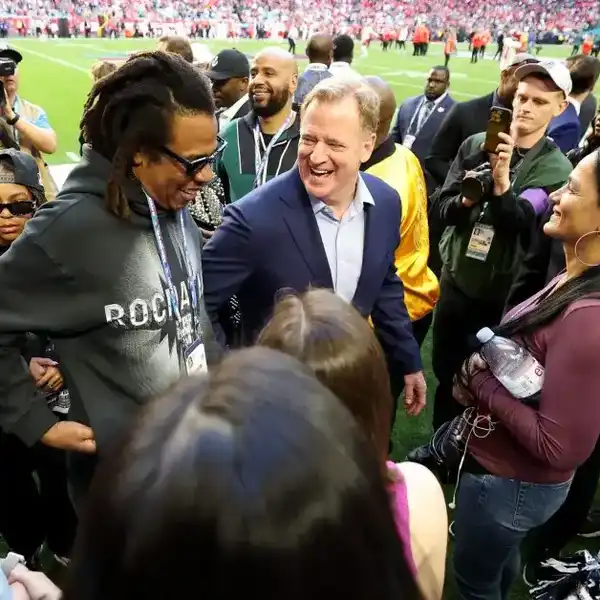 Jay-Z talks with NFL Commissioner Roger Goodell before Super Bowl LVII between the Kansas City Chiefs and the Philadelphia Eagles at State Farm Stadium on Feb. 12, 2023, in Glendale, Ariz.