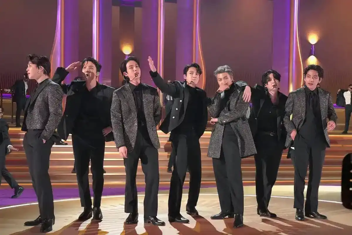 Jimin, J-Hope, Jin, Jung Kook, RM, Suga and V of BTS perform during the 64th Annual GRAMMY Awards at MGM Grand Garden Arena on April 3, 2022, in Las Vegas.