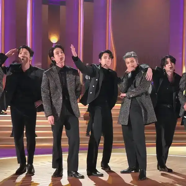 Jimin, J-Hope, Jin, Jung Kook, RM, Suga and V of BTS perform during the 64th Annual GRAMMY Awards at MGM Grand Garden Arena on April 3, 2022, in Las Vegas.