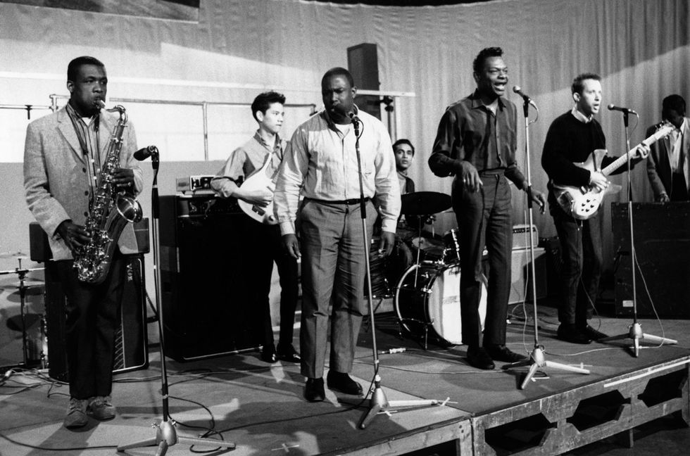 Jimmy James and the Vagabonds perform on stage on the set of the Associated Rediffusion Television pop music television show Ready Steady Go! at Wembley Television Studios in London on May 20, 1966.