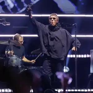 Joey Waronker, Liam Gallagher of Oasis perform onstage at the Oasis Live '25 World Tour held at the Rose Bowl on September 07, 2025 in Pasadena, California.