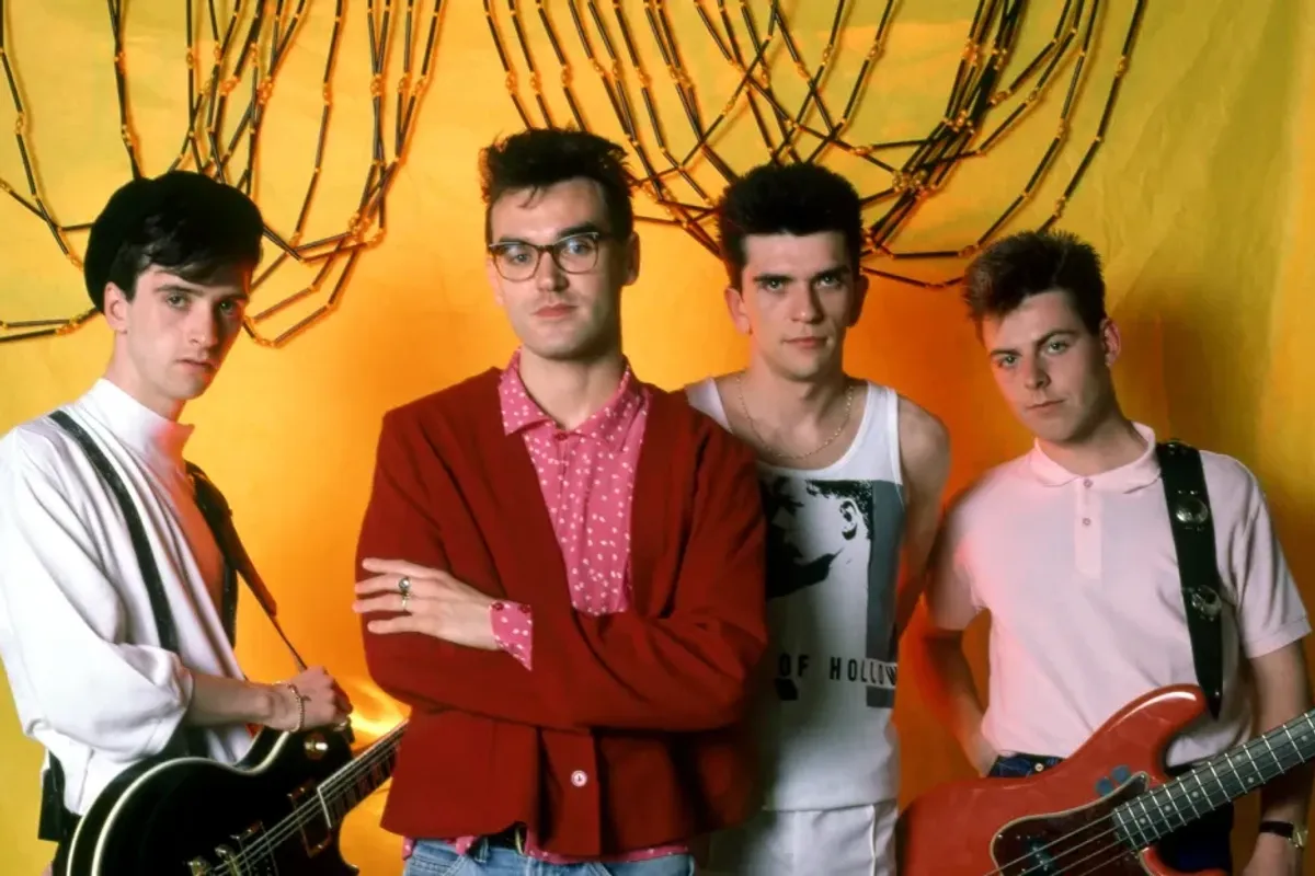 Johnny Marr, English singer Morrissey, English drummer Mike Joyce and English bassist Andy Rourke of The Smiths pose for a portrait before their first show in Detroit during the 1985 Meat Is Murder Tour on June 8, 1985 at the Royal Oak Music Theatre in Royal Oak, Michigan.