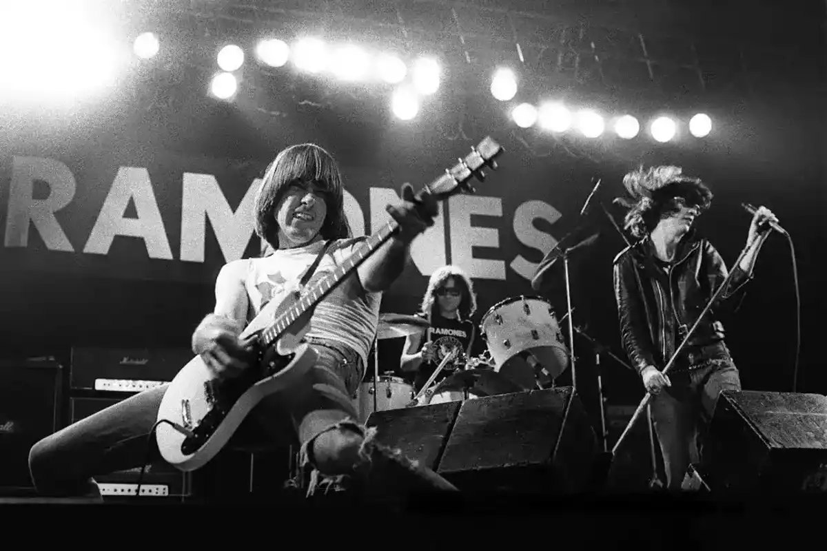 Johnny, Tommy and Joey Ramone of the Ramones perform on stage in the late 1970s.