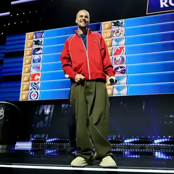 Justin Bieber looks on during day one of the 2026 NHL draft on June 26, 2026 in Buffalo, New York.