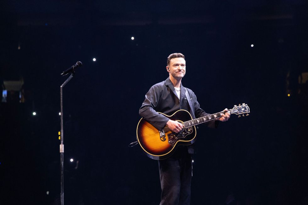 Justin Timberlake performs on stage during his The Forget Tomorrow World Tour at Rogers Arena on April 29, 2024 in Vancouver, British Columbia.
