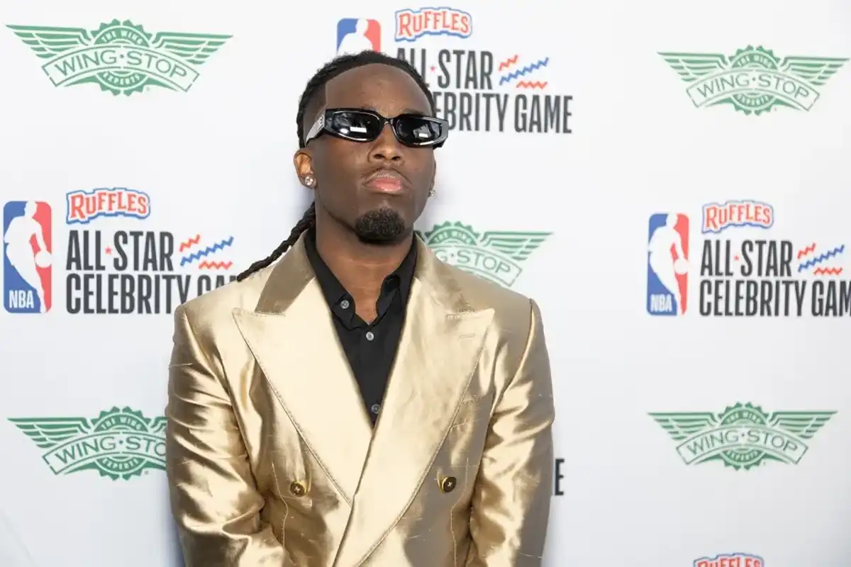 Kai Cenat arrives at 2025 Ruffles NBA All-Star Celebrity Game at Oakland Arena on Feb. 14, 2025 in Oakland, California.