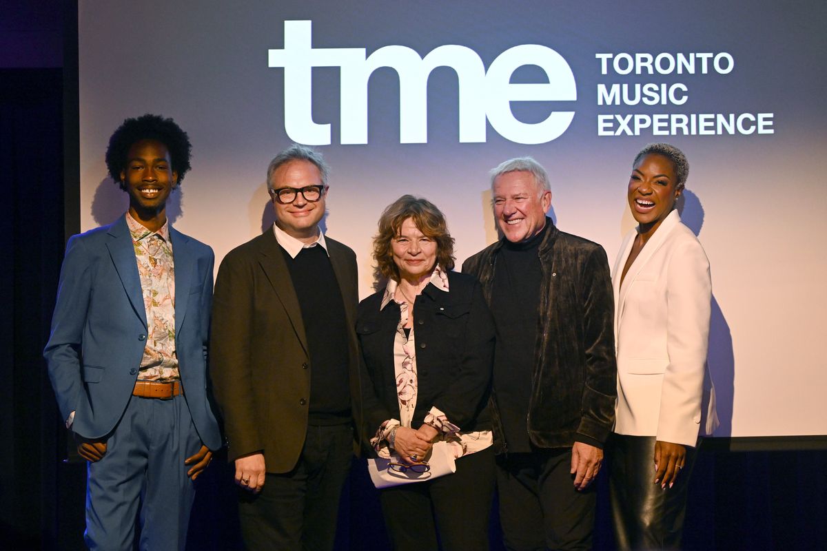 Kairo McLean, Steven Page, Lorraine Segato, Alex Lifeson, Jully Black at Toronto Music Experience's media launch in Toronto.