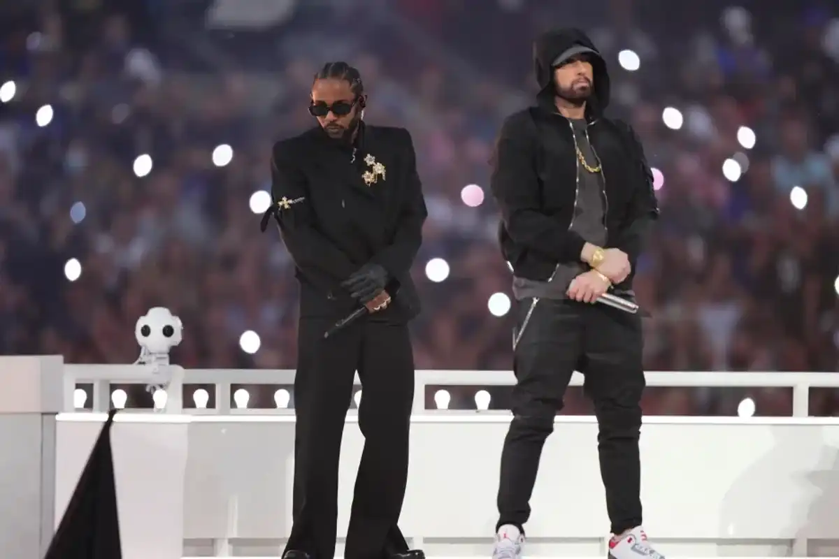 Kendrick Lamar and Eminem performs in the Pepsi Halftime Show during the NFL Super Bowl LVI football game between the Cincinnati Bengals and the Los Angeles Rams at SoFi Stadium on Feb. 13, 2022 in Inglewood, Calif.