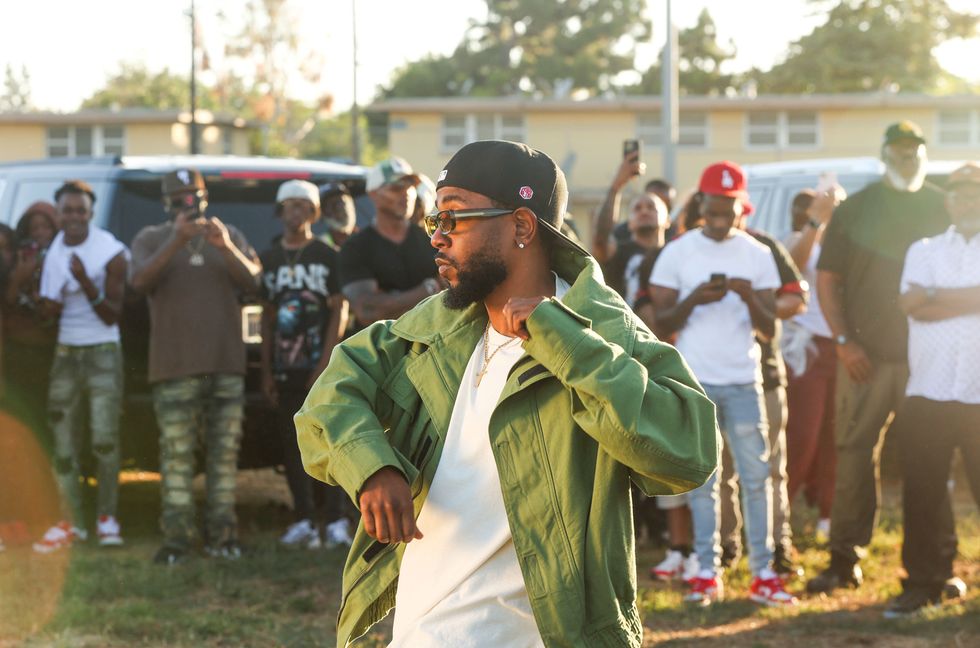 Kendrick Lamar dances during the music video shoot for "Not Like Us" at Nickerson Gardens on Saturday, June 22, 2024 in Watts, Calif.