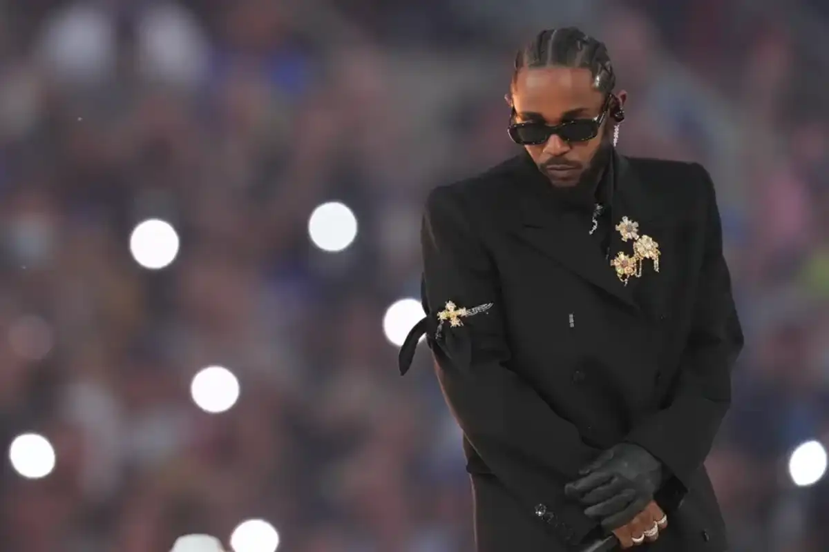 Kendrick Lamar performs in the Pepsi Halftime Show during the NFL Super Bowl LVI football game between the Cincinnati Bengals and the Los Angeles Rams at SoFi Stadium on February 13, 2022 in Inglewood, Calif.
