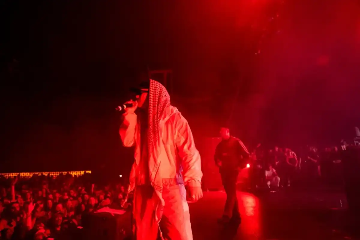 Kneecap including Mo Chara and Moglai Bap perform onstage during Day 1 of Coachella Valley Music and Arts Festival on April 18, 2025 in Indio, Calif.