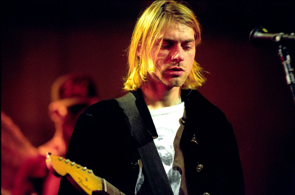 Kurt Cobain of Nirvana performs in December 1993 at Pier 28 in Seattle.