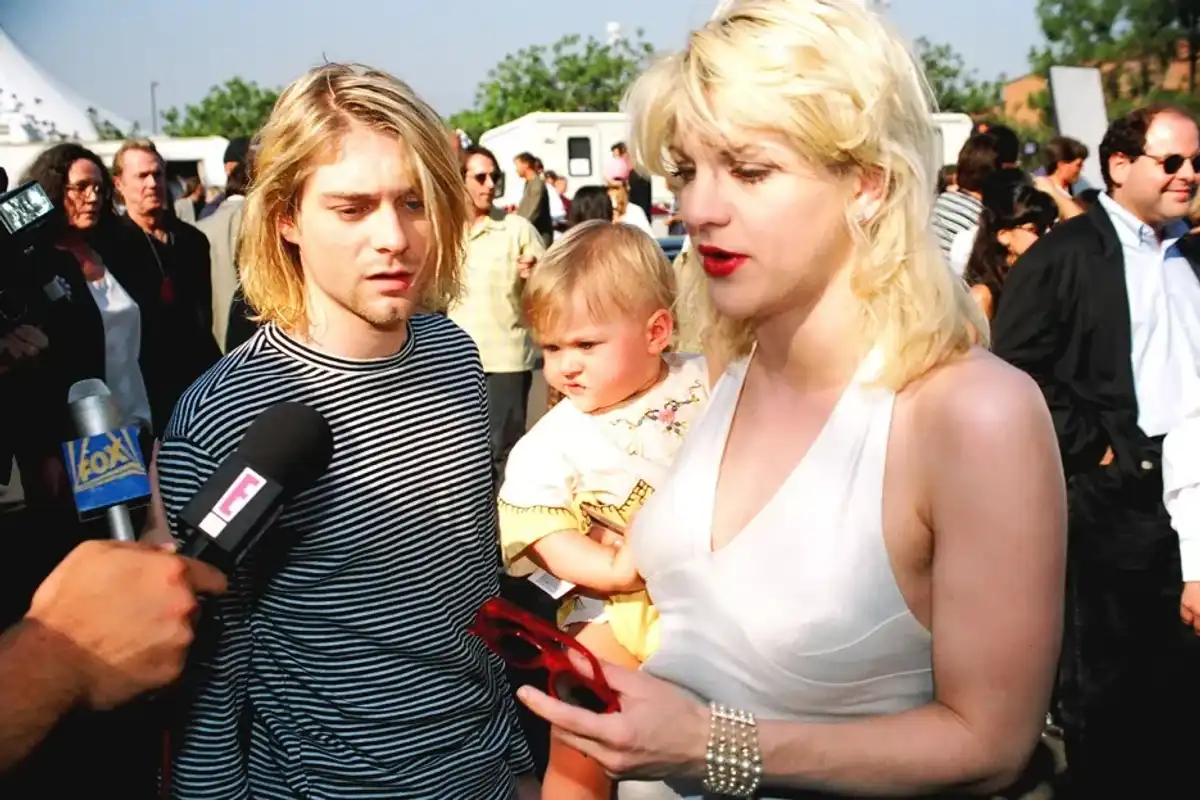 Kurt Cobain of Nirvana with Courtney Love and Frances Bean Cobain at the 10th Annual MTV Video Music Awards in 1993.
