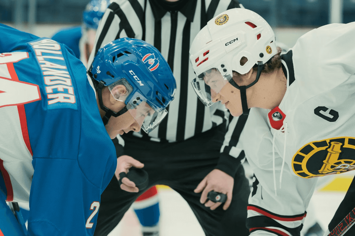 (L-R): Hudson Williams as Shane Hollander and Connor Storrie as Ilya Rozanov in Episode 104 of Heated Rivalry.