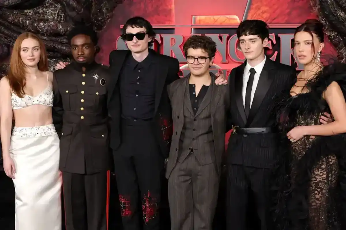 (L-R) Sadie Sink, Caleb McLaughlin, Finn Wolfhard, Gaten Matarazzo, Noah Schnapp and Millie Bobby Brown attend the Los Angeles Premiere of Netflix's "Stranger Things" Season 5 at TCL Chinese 6 Theatres on November 06, 2025 in Hollywood, California.