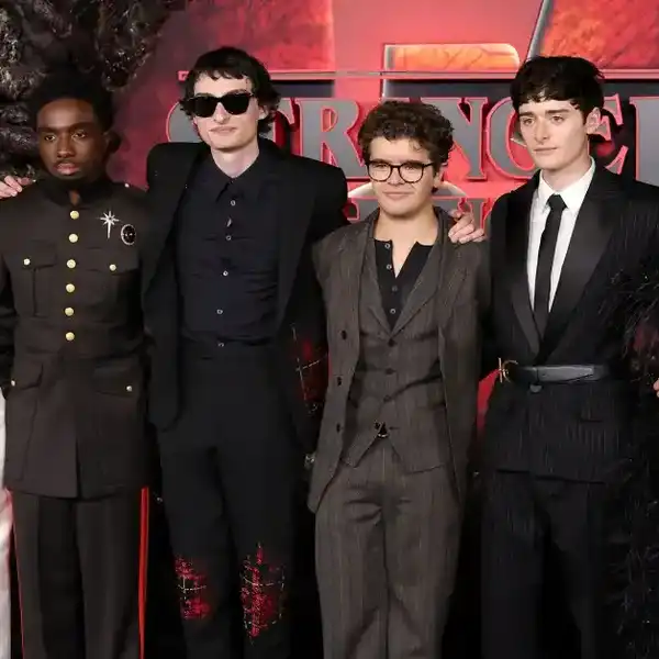 (L-R) Sadie Sink, Caleb McLaughlin, Finn Wolfhard, Gaten Matarazzo, Noah Schnapp and Millie Bobby Brown attend the Los Angeles Premiere of Netflix's "Stranger Things" Season 5 at TCL Chinese 6 Theatres on November 06, 2025 in Hollywood, California.