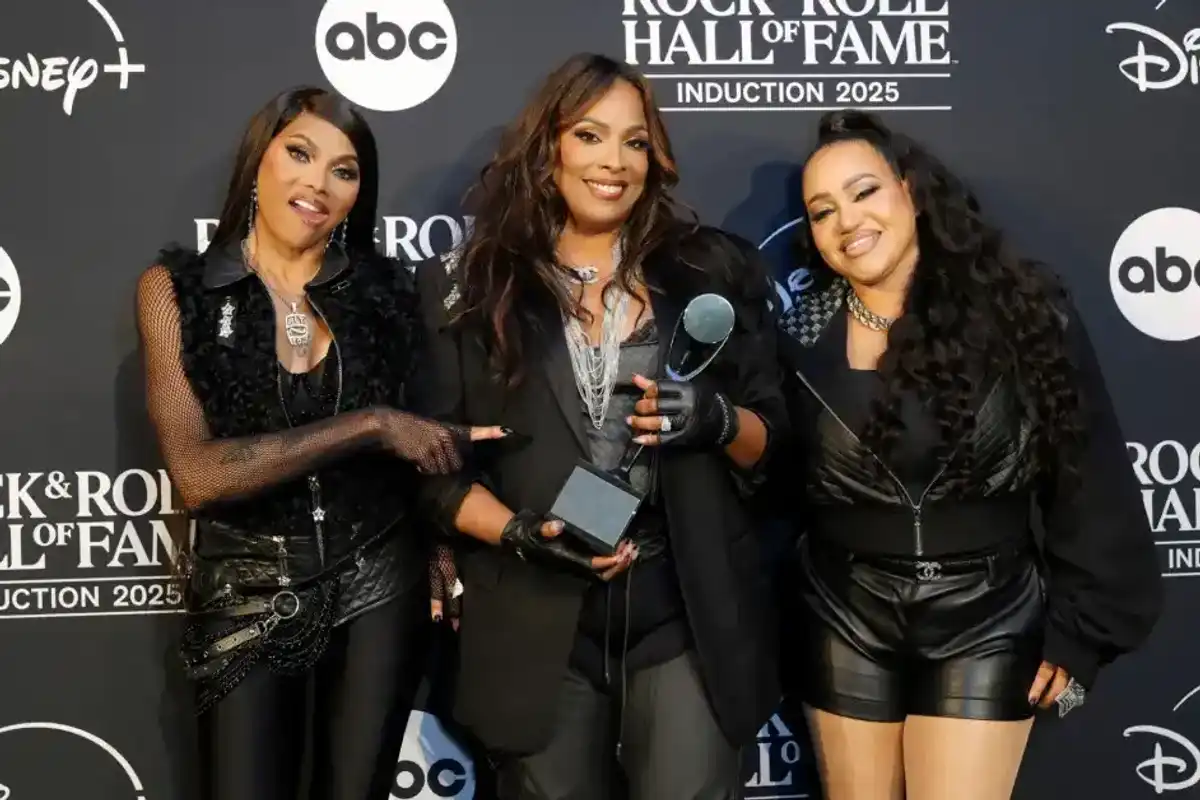 L-R: Sandra Denton aka Pepa, DJ Spinderella and Cheryl James aka Salt pose in the press room during the 2025 Rock & Roll Hall of Fame Induction Ceremony at Peacock Theater on November 8, 2025 in Los Angeles.