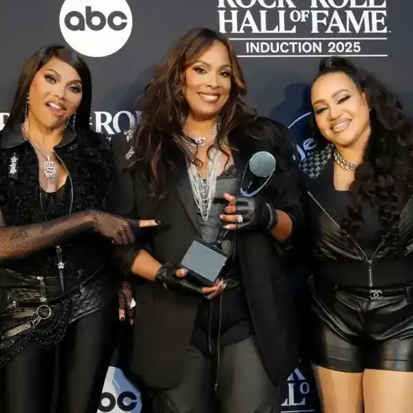 L-R: Sandra Denton aka Pepa, DJ Spinderella and Cheryl James aka Salt pose in the press room during the 2025 Rock & Roll Hall of Fame Induction Ceremony at Peacock Theater on November 8, 2025 in Los Angeles.