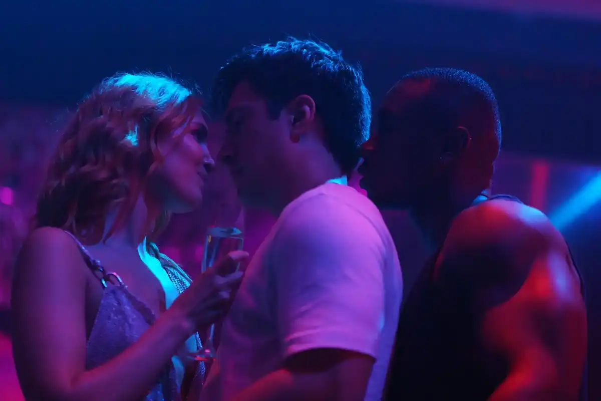 (L-R): Sophie Nélisse as Rose Landry, Hudson Williams as Shane Hollander and Devante Senior as Miles in Episode 104 of Heated Rivalry.