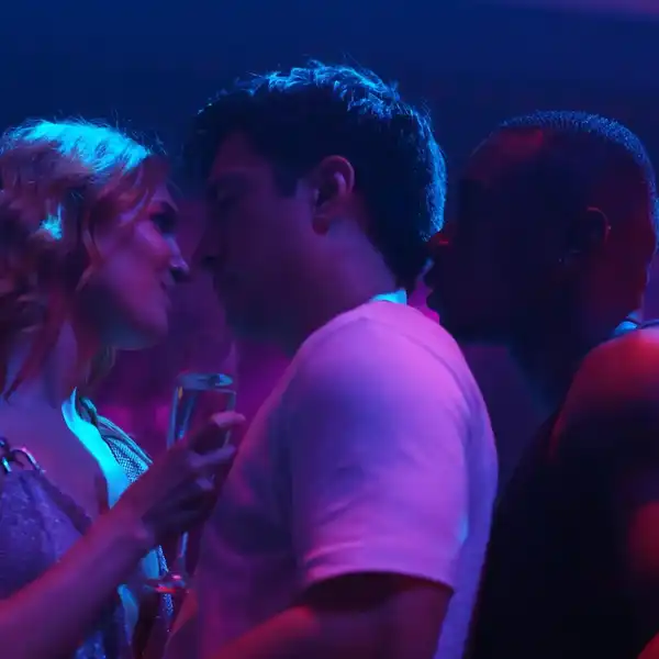 (L-R): Sophie Nélisse as Rose Landry, Hudson Williams as Shane Hollander and Devante Senior as Miles in Episode 104 of Heated Rivalry.