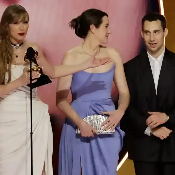 (L-R) Taylor Swift, Laura Sisk, and Jack Antonoff accept the Album Of The Year award for “Midnights” onstage during the 66th GRAMMY Awards at Crypto.com Arena on February 04, 2024 in Los Angeles, California.