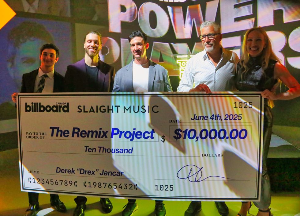 Left to right: Jackson Turner and Mo Ghoneim of Billboard Canada, Derek "Drex" Jancar, Derrick Ross of Slaight Music and Elizabeth Crisante of Billboard Canada.