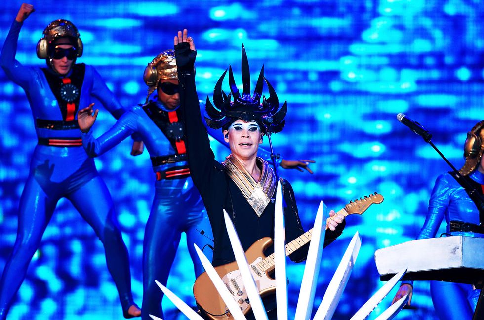 Luke Steele of Empire of the Sun performs at the MGM Resorts Festival Grounds on May 16, 2015 in Las Vegas, Nevada.