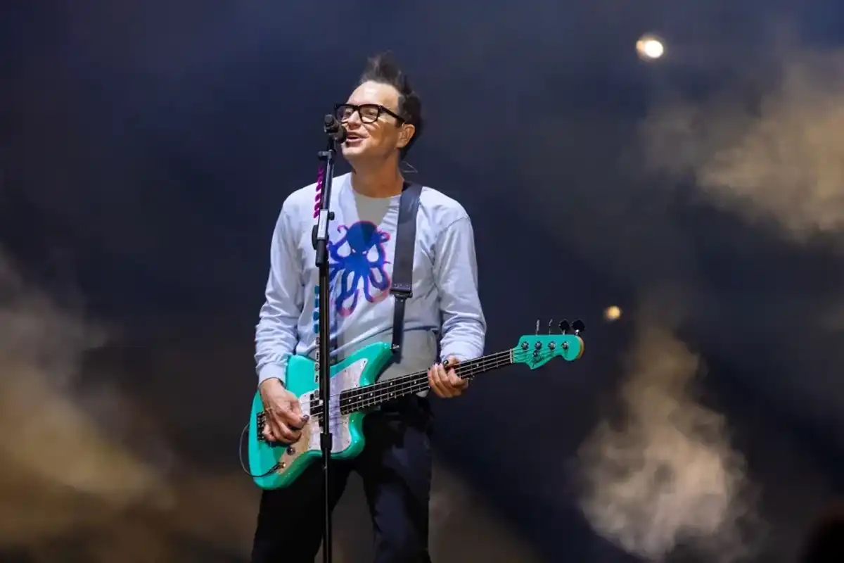 Mark Hoppus of Blink-182 performs onstage during Lollapalooza at Grant Park on August 4, 2024 in Chicago, Illinois.