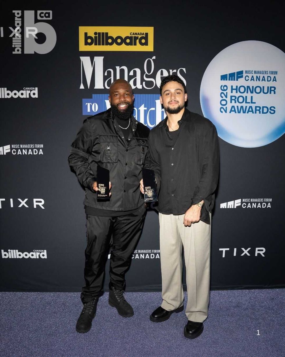 Matthew Burnett and Jordan Evans at Billboard Canada Managers to Watch 2026.