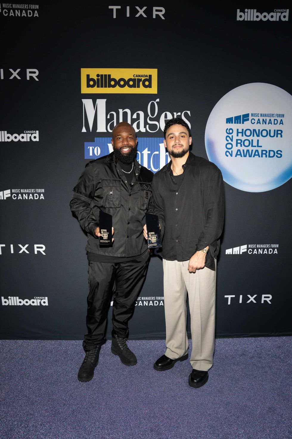 Matthew Burnett (left) and Jordan Evans at Billboard Canada Managers to Watch 2026