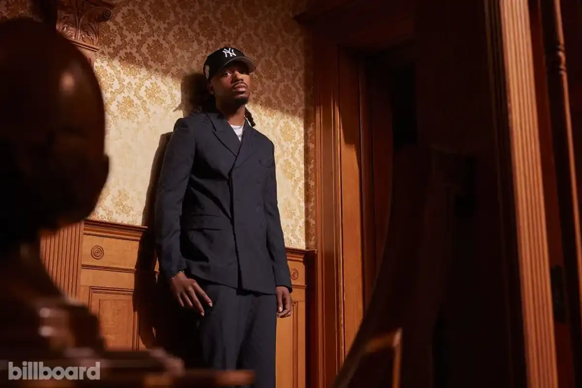 Metro Boomin photographed by Sami Drasin on August 31, 2023 at Woodbury Story House in Altadena, Calif. Martine Rose suit.