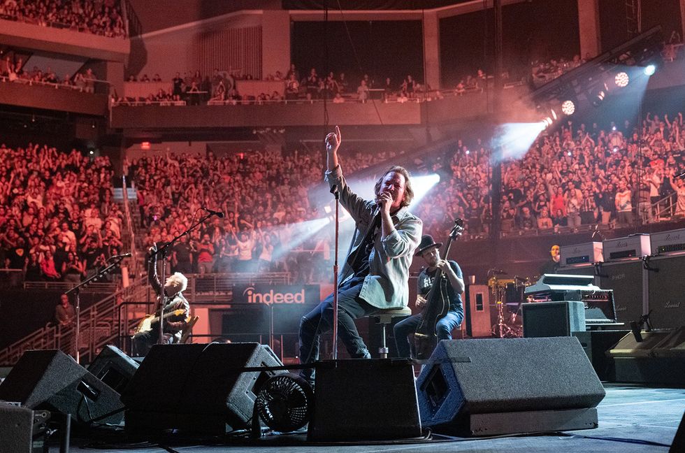 Mike McCready, Eddie Vedder and Jeff Ament of Pearl Jam performs live on stage at Moody Center on September 18, 2023 in Austin, Texas.