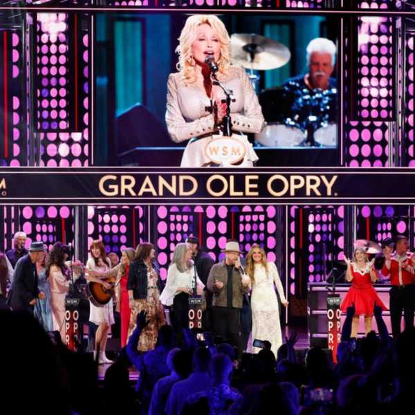 Molly Tuttle, Kathy Mattea, Jelly Roll and Carly Pearce perform onstage as Dolly Parton is seen in a video during the finale of the show Opry 100 - The Opry Remembers Dolly Parton at the Grand Ole Opry House on August 29, 2026 in Nashville.