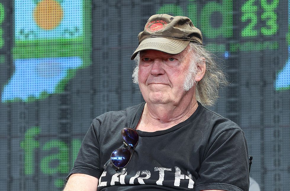 Neil Young participates in a press conference during Farm Aid at Ruoff Home Mortgage Music Center on September 23, 2023 in Noblesville, Indiana.