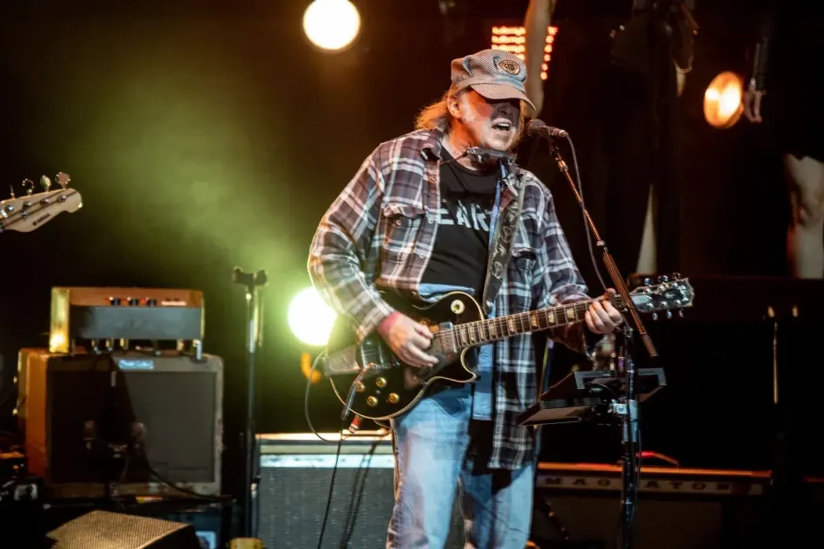 Neil Young performs at the Autism Speaks Light Up The Blues 6 Concert at The Greek Theatre on April 22, 2023 in Los Angeles.