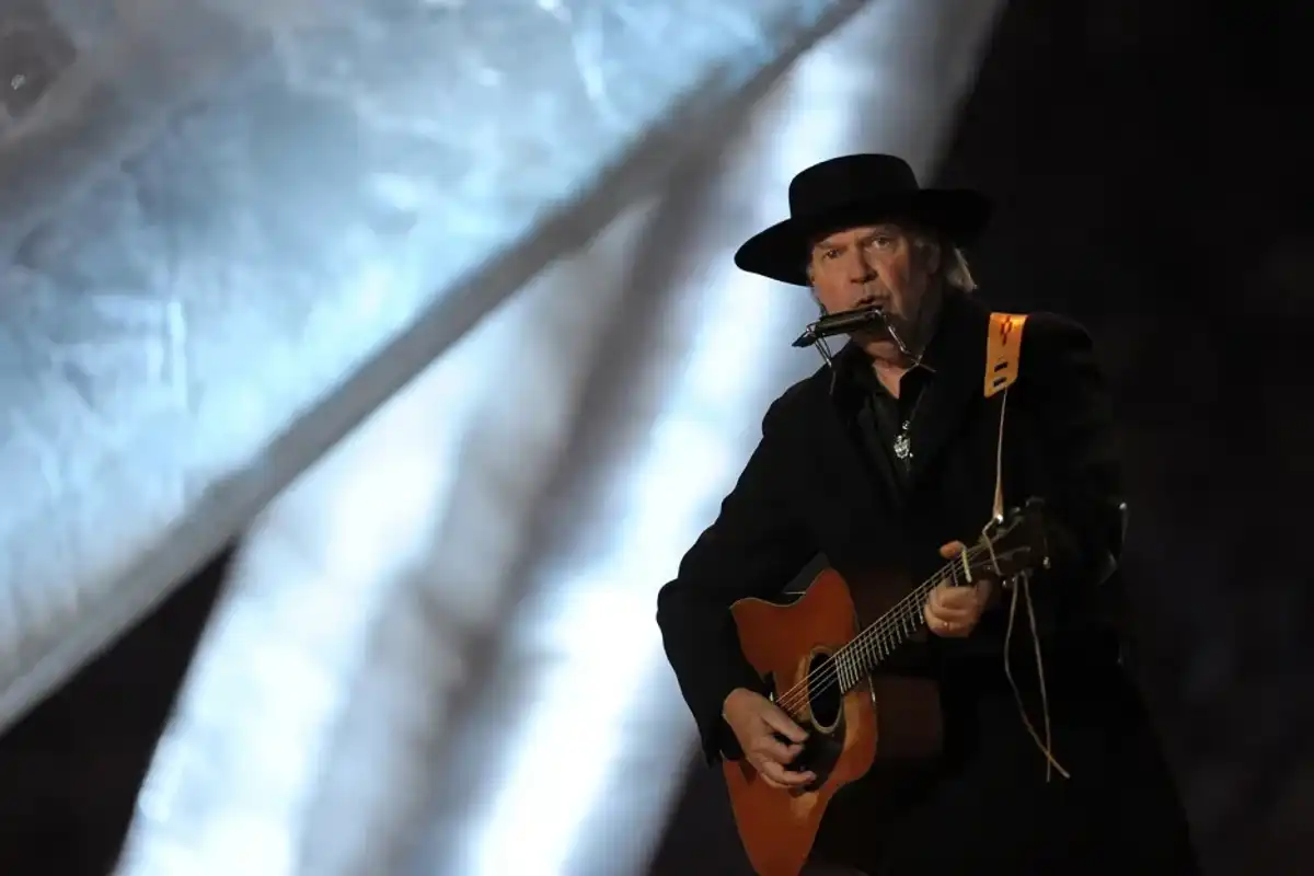 Neil Young performs during the closing ceremony of the 2010 Winter Olympics at BC Place on Feb. 28, 2010 in Vancouver, Canada.